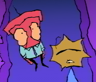 Drawing of two characters that have a terracotta pot and a cartoon sun for heads. They are looking upwards at the viewer, and there are affects applied to the image to imitate VHS image quality.