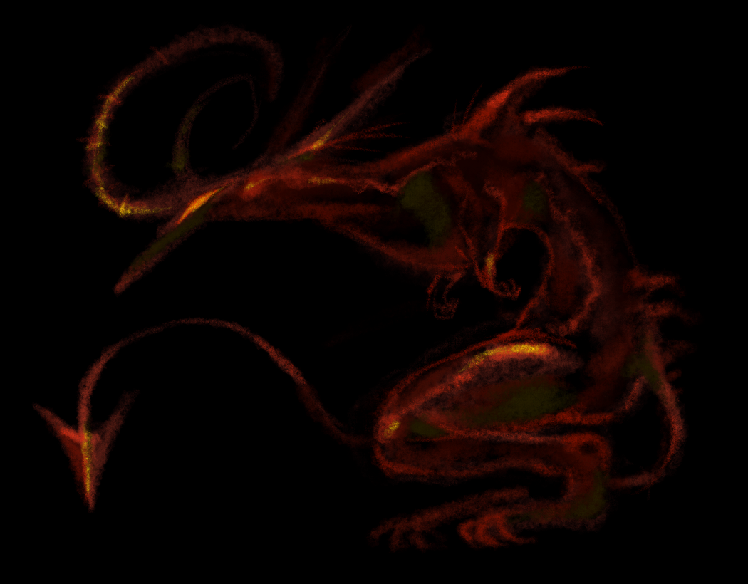 Drawing of a red, lanky, devil-like creature on a black background. It is hunched over and in profile, facing left.