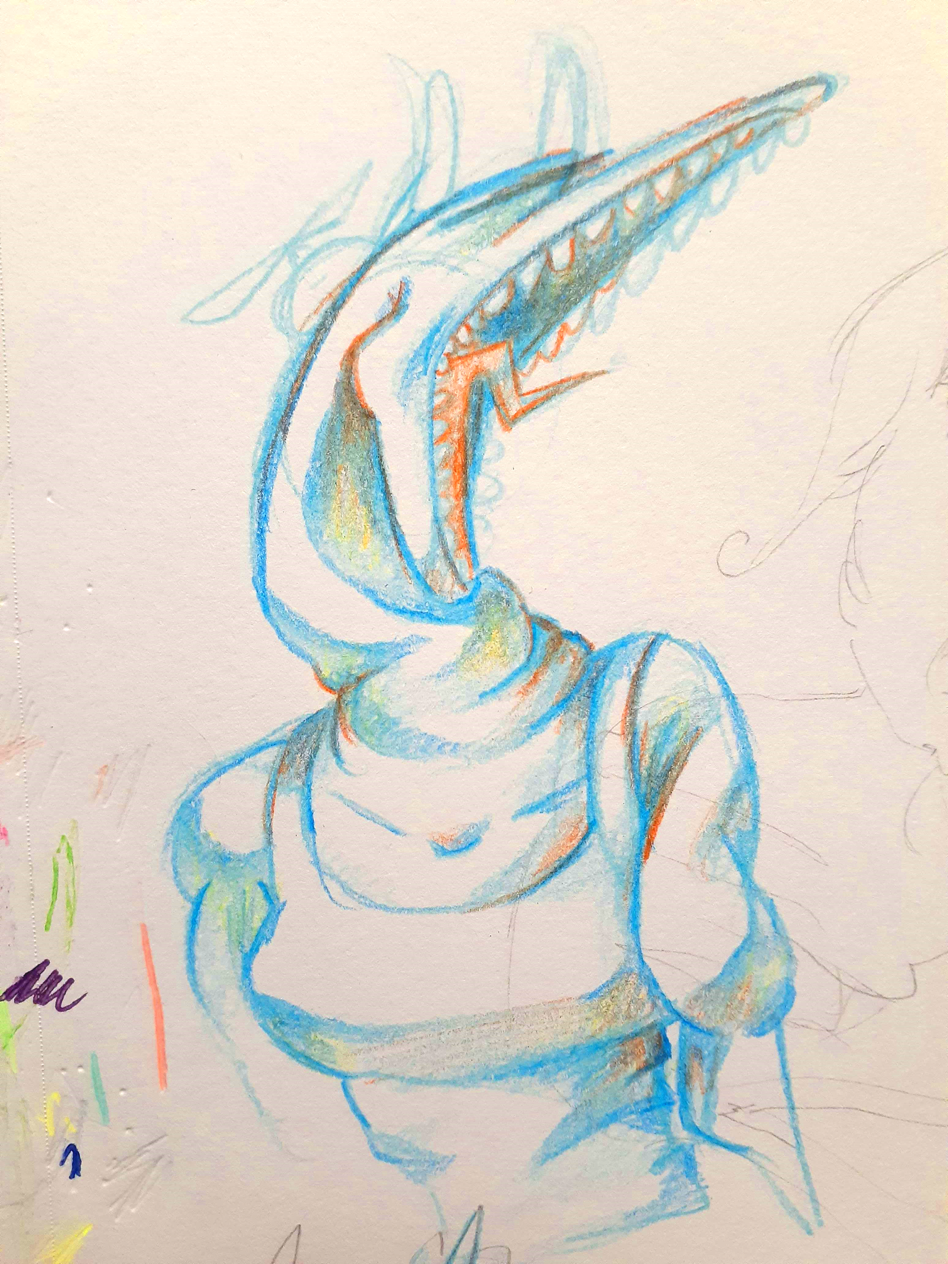 Traditional colored pencil drawing of an anthropomorphized dolphin with its mouth open.