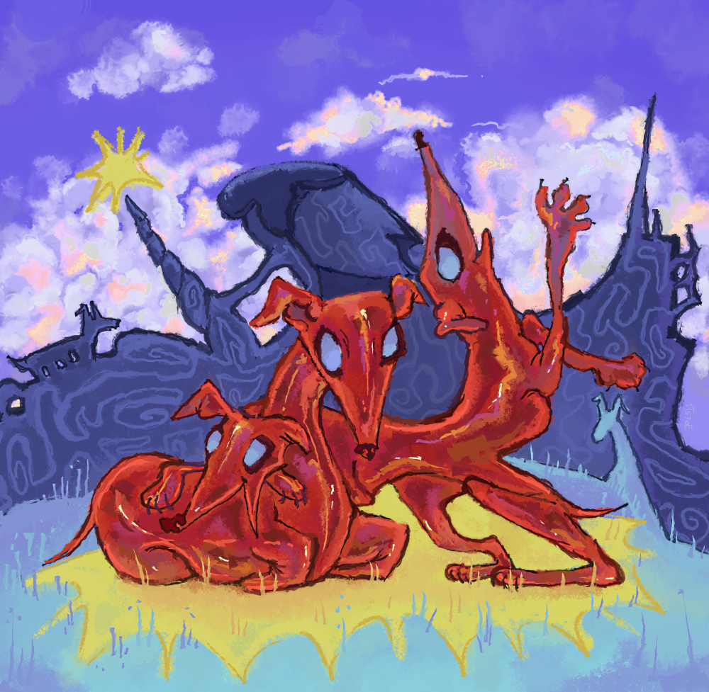 Digital painting of a mass of greyhounds that appear to be made of a red, shiny, semitranslucent material. As a collective, they are sitting in a field with severa dog-shaped features in the background, which most prominently features mountains.