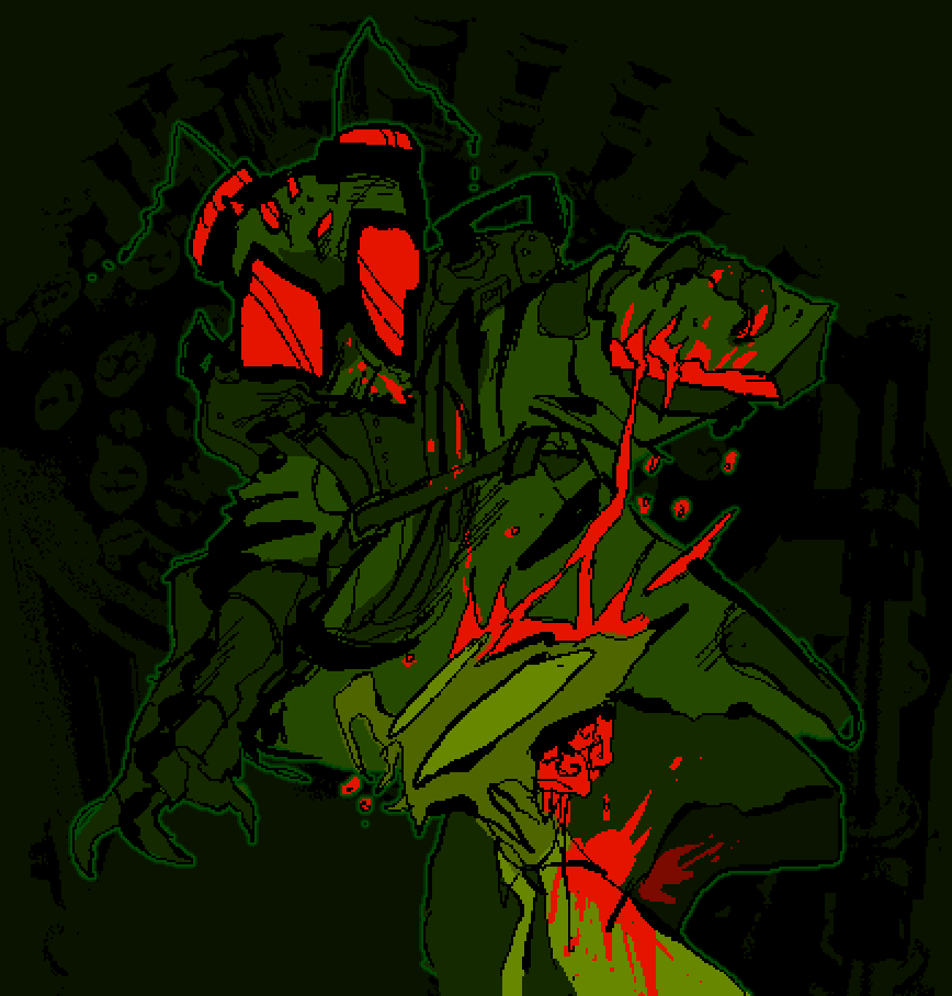 Digital art done in red, green, and black of an anthropomorphized insect smashing another insect's head open with a brick.