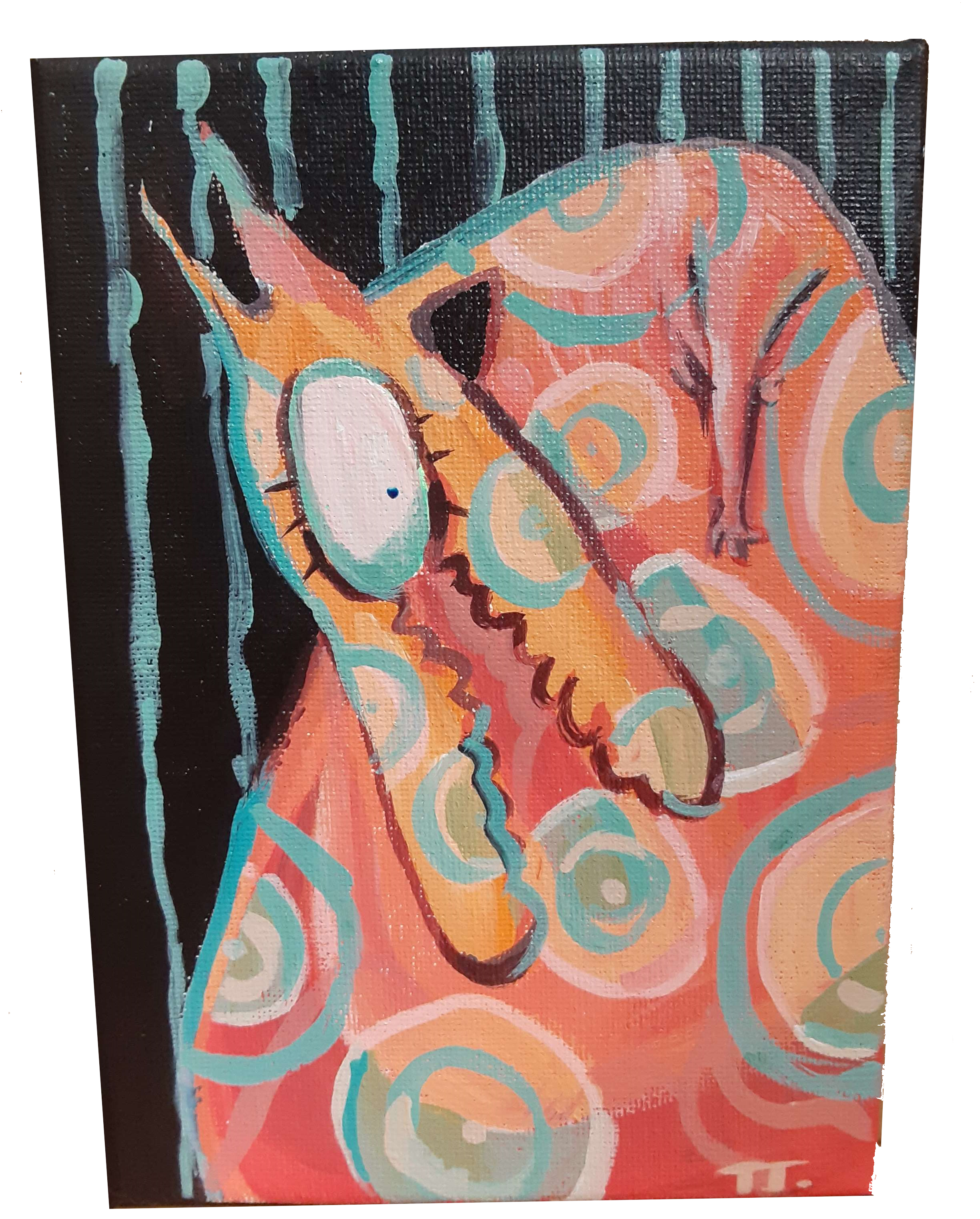 Acrylic painting of a pink cyclops-like animal that is covered in blue polka dots.'